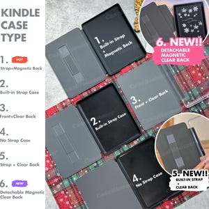May include: A display of Kindle case types, including options with built-in straps, magnetic backs, and clear backs. The cases are in various colors, with text labels indicating features like "Built-in Strap Case" and "Detachable Magnetic Clear Back."