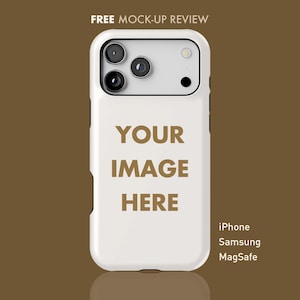 May include: A white smartphone case with a rectangular camera cutout featuring three circular lenses and a small flash. The center of the case displays the brown text YOUR IMAGE HERE. The text iPhone, Samsung, and MagSafe appears on the right side.