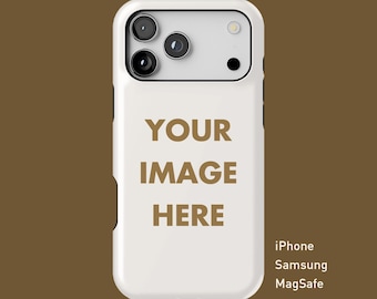 May include: A white smartphone case with a rectangular camera cutout featuring three circular lenses and a small flash. The center of the case displays the brown text YOUR IMAGE HERE. The text iPhone, Samsung, and MagSafe appears on the right side.