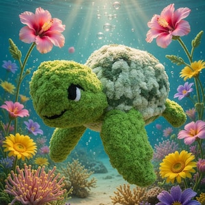 May include: A crocheted green turtle swims underwater, surrounded by colorful flowers and coral. The turtle has a textured shell and is set against a backdrop of bubbles and sunlight, creating a whimsical, underwater scene.