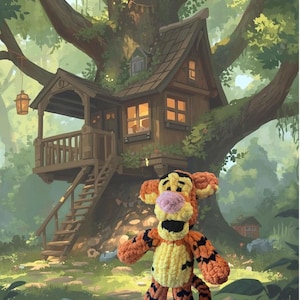 May include: A crocheted Tigger plush toy stands in front of a detailed illustration of a treehouse. The plush features orange and yellow yarn with black stripes, a pink nose, and black eyes. The treehouse is brown with a small porch and a hanging lantern.