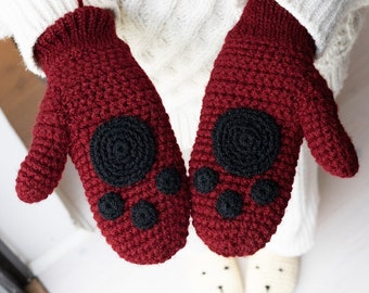 Adult Mittens on a String with Paw Prints, grey, gray, wine red, cream, beige