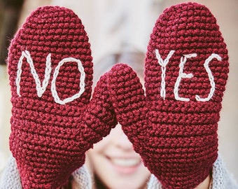 OUI NON Mitaines faites à la main, Saint-Valentin, Fête des mères, Cadeau de Noël, Mitaines sur une ficelle