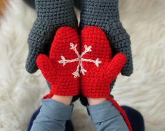 Kid's Mittens With Snowflake Design Handmade With String For Baby and Child and Adult