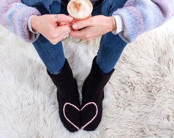 Slipper Socks with Love Heart Design, Christmas Gift, Handmade Crochet Slipper Socks