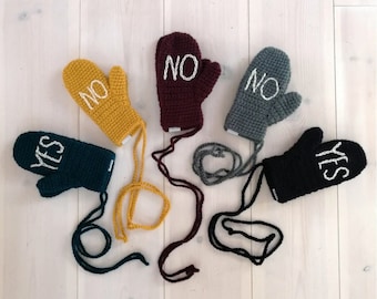 Kids YES / NO Handschuhe an einer Schnur, weiche vegane Winterfäustlinge