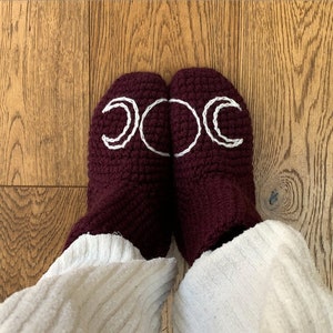 Hecate Triple Moon Goddess Slipper Socks, Phases Of Womanhood Christmas Gift, Mother&#39;s Day Gift, Handmade, Crochet