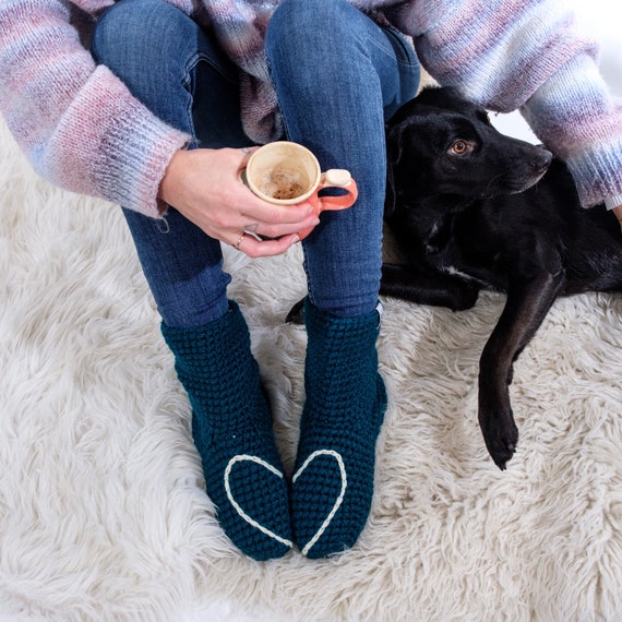 Slipper Socks, Love Heart Design, Gray, Navy Blue, Red, Plum, Black, Teal, Valentine, Christmas, Mother's Day, Handmade, Crochet