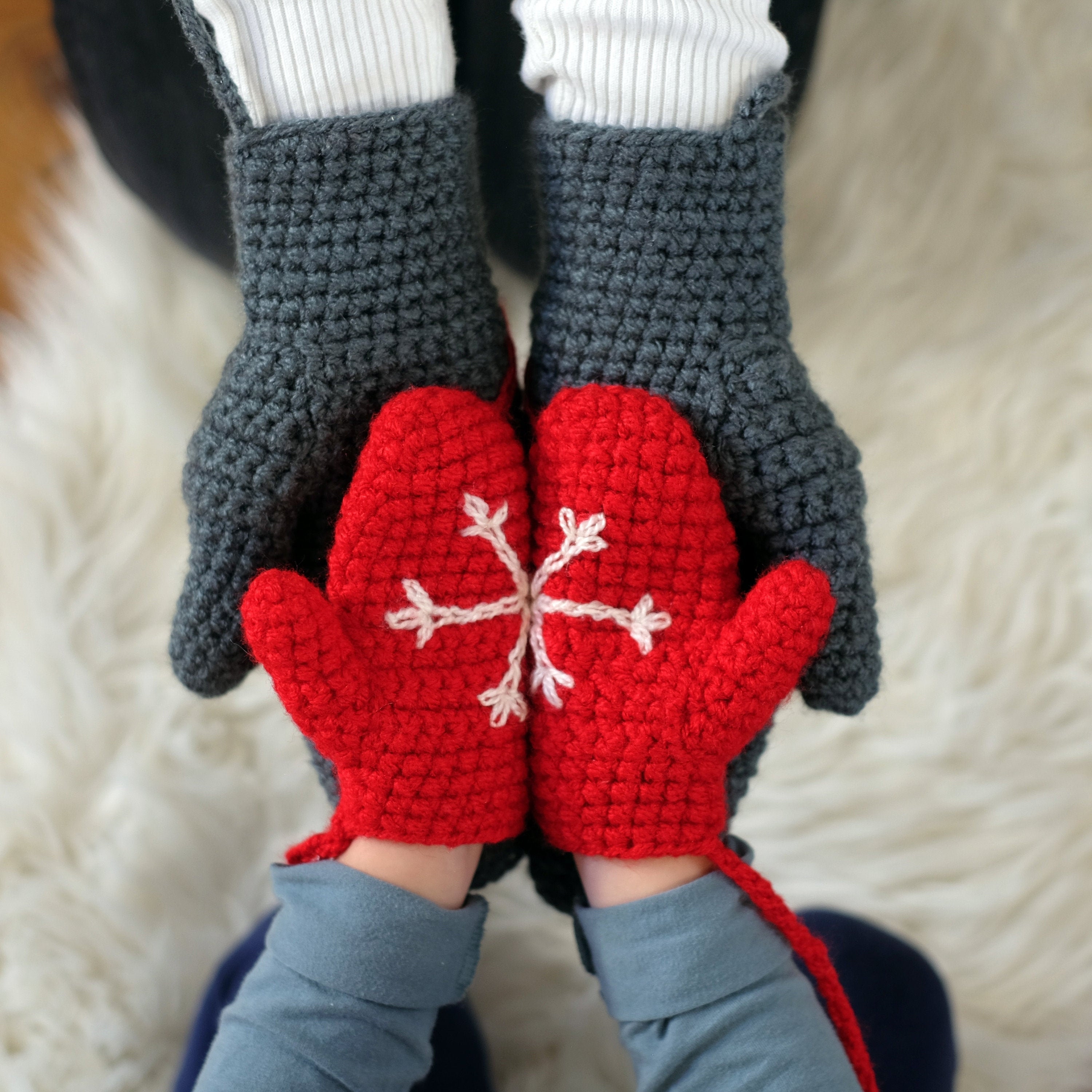 Kid's Mittens With Snowflake Design Handmade With String For Baby and Child and Adult