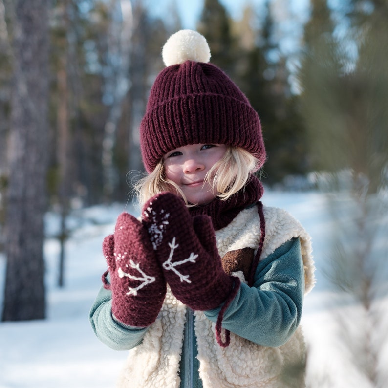 Kid's Mittens With Snowflake Design Handmade With String For Baby and Child and Adult image 2