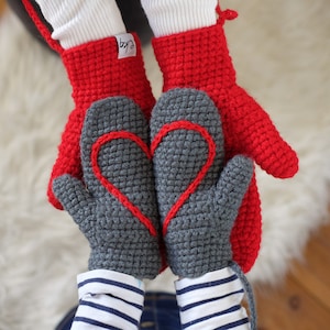 Child&#39;s Mittens on a String With Love Heart Embroidery