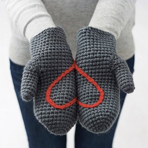 Handmade Women's Mittens On String With Love Heart Grey (red heart)