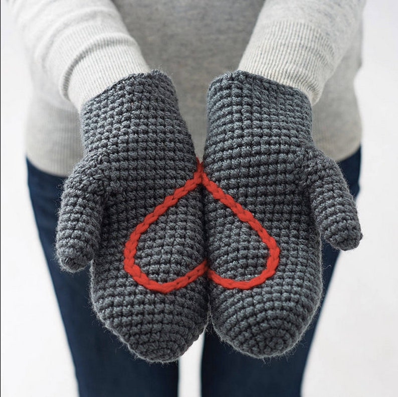 Handmade Women's Mittens On String With Love Heart Grey (red heart)