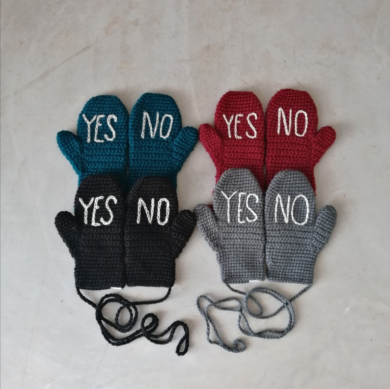 YES NO Mittens Handmade, Valentine, Mother's Day, Christmas Gift, Mittens on a string image 4
