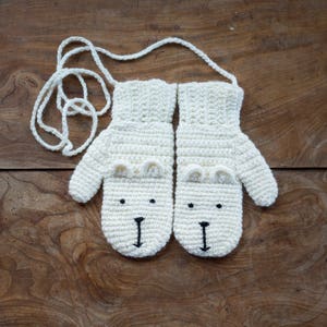 Polar Bear Mittens With String Handmade Crochet For Children And Adults
