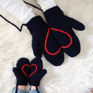 Handmade Women's Mittens On String With Love Heart Navy (red heart)
