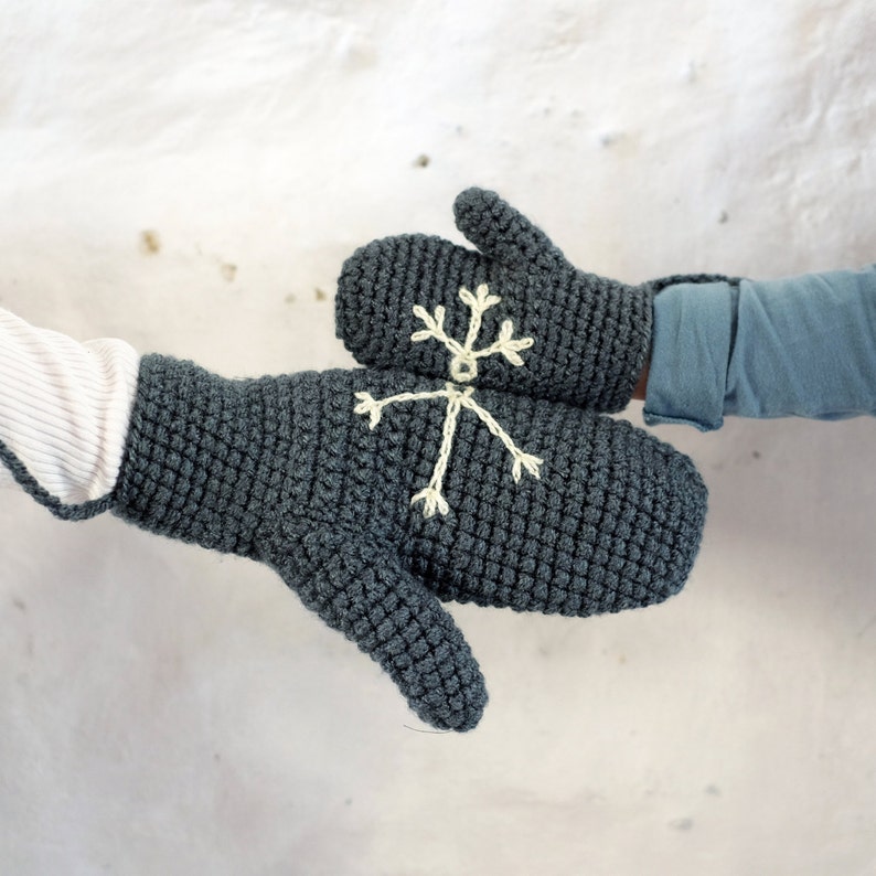Kid's Mittens With Snowflake Design Handmade With String For Baby and Child and Adult image 4