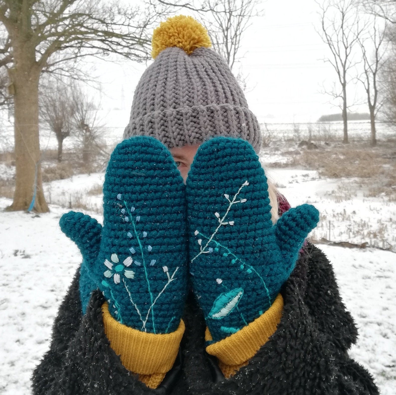 Embroidered Wild Flower Mittens On A String For Adults Etsy