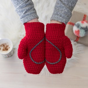 Handmade Women's Mittens On String With Love Heart Red (grey heart)