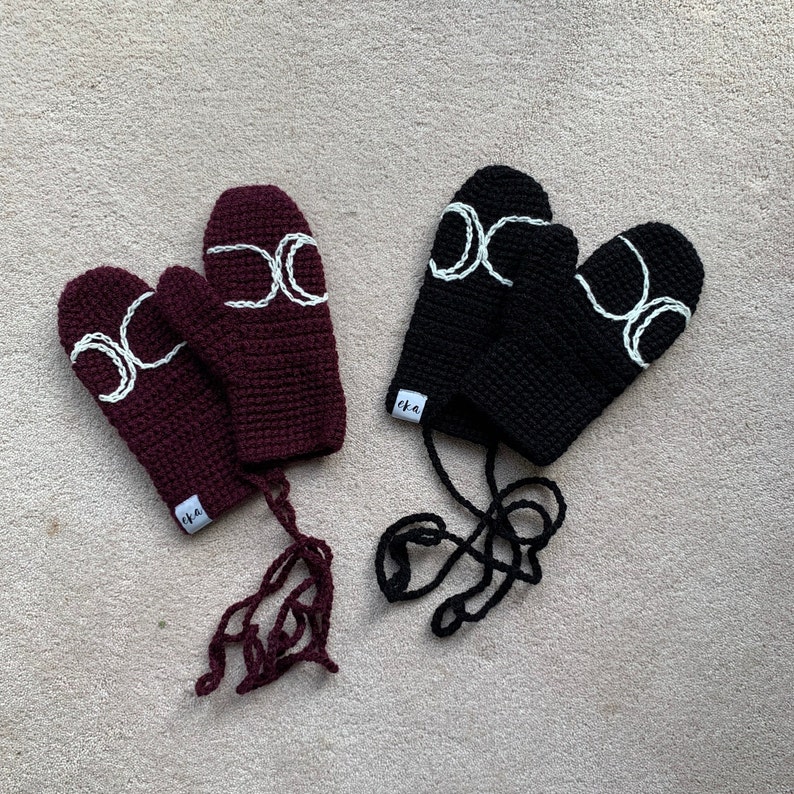 Hecate Triple Moon Goddess Mittens On A String, Handmade Winter Mittens. image 3