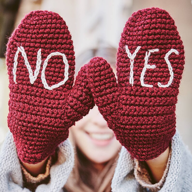 YES NO Mittens Handmade, Valentine, Mother's Day, Christmas Gift, Mittens on a string image 1