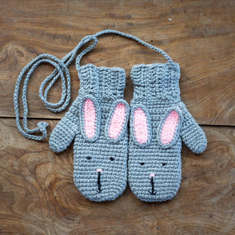 Bunny Rabbit Mittens With String Handmade Crochet For Children And Adults image 1