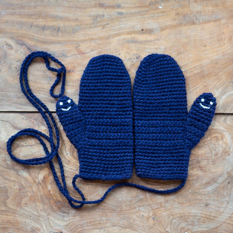 Mittens With Smiley Faces Handmade For Adults, Babies and Kids Navy Blue