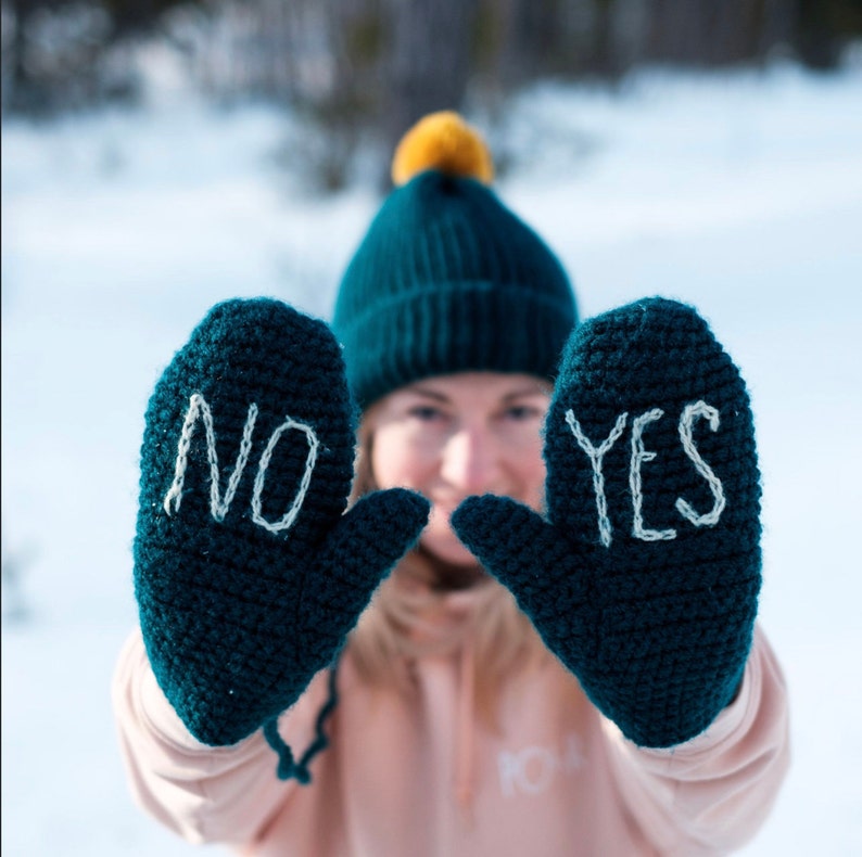 YES NO Mittens Handmade, Valentine, Mother's Day, Christmas Gift, Mittens on a string image 2