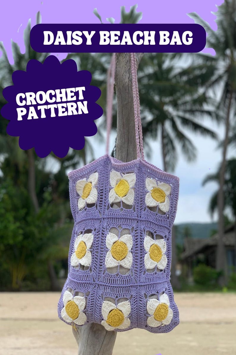 Crochet Pattern Daisy Flower Granny Square Beach Bag Shopper Digital ...