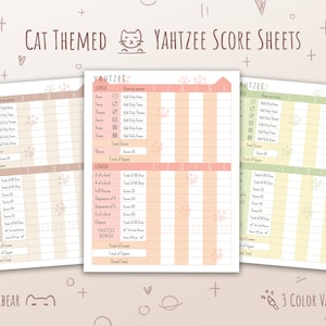 Feuilles de score Yahtzee sur le thème des chats - Cartes de score Yahtzee imprimables - Feuilles de score Yahtzee - Jeux de dés imprimables