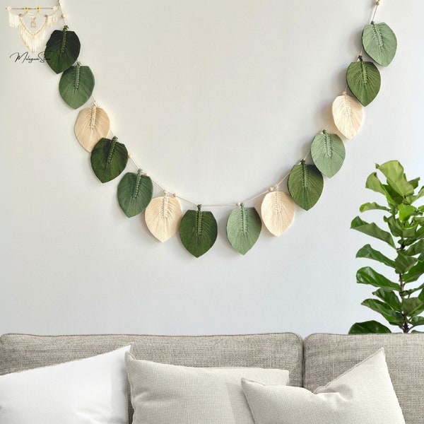Macrame Leaves Garland Handmade Bunting, Mom Gifts, Kids Boho Room Decor, Feather Garland, Nursery Bunting, Holiday Decor, Party Favors