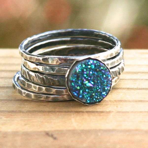 Druzy Sterling Silver Stacking Rings - dyed agate druzy, sterling silver - US Size 7 1/2