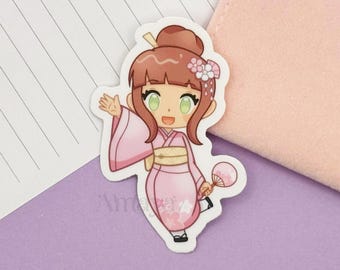 Kimono Girl Sticker - Sakura, Anime, Pink, Yukata, Japan Festival, Vibrant Matte Design
