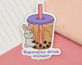 Expensive drink enjoyer Sticker - bunny, rabbit, drink, boba, frappe, sip, food, Vibrant Matte Design