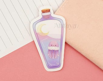 Jellyfish Bottle Sticker - Jelly, Sea life, Ocean, Lofi, Aquatic, Pastel, Vibrant Matte Design