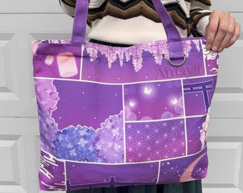 Purple Pattern Bag - Kawaii, Lantern, Sakura Flower, Cherry Blossom, Hydrangea, Colorful Design
