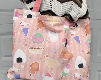 Food Tote Bag - Kawaii, Onigiri, Sushi, Dango, Crepe, Delicious Colorful Design