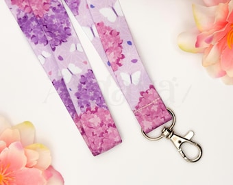Purple Hydrangea Lanyard - Kawaii, Butterfly, Floral, Pastel Design