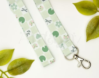 Green Frog Lanyard - Kawaii, Lily Pad, Checkered, Pastel Design