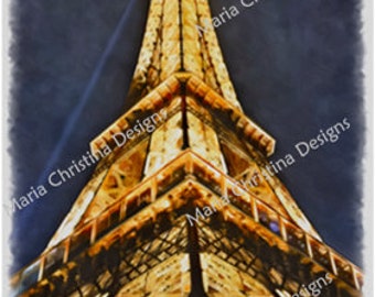 GLOWING TOWER (Tour Eiffel la nuit) : peinture originale, toile, oeuvre d'art originale, impression sur toile, acrylique et huile, couteau à palette, impressionnisme