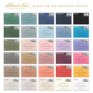 May include: A chart showing 20 different envelope colors with the text "Black Ink on Envelope Colors" at the top. Each color is labeled with a name, such as "Emerald", "Tide", "Coast", "Midnight", "Black", "Juniper", "Rain", "Cloud", " Chambray", "Seaside", "Herb", "Shell", "Blush", "Lavender", "Hyacinth", "Smoke", "Camel", "Rosebud", "Burgundy", "Flamingo", "Mushroom", "Clay", "Coral", "Poppy", "Sunbeam", "Dove", "Wool", "Oatmeal", "Cream", and "White". Each color swatch has a sample envelope with the text "Please Deliver to Emily Myers Chicago, Illinois" printed in black ink.
