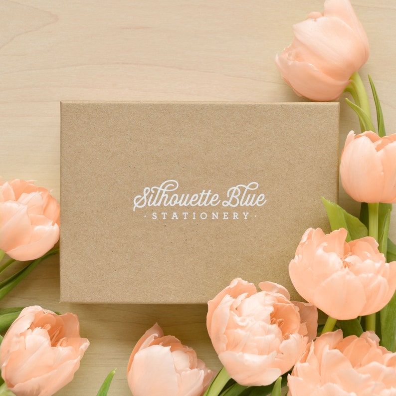 May include: A brown cardboard box with the text "Silhouette Blue. Stationery." printed in white. The box is surrounded by peach-colored flowers.