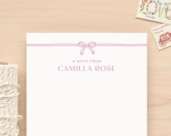 BOW Personalized Notepad - Custom Stationary For Kids, Girls and Tweens. Letter writing stationery paper featuring a cute and sweet ribbon.