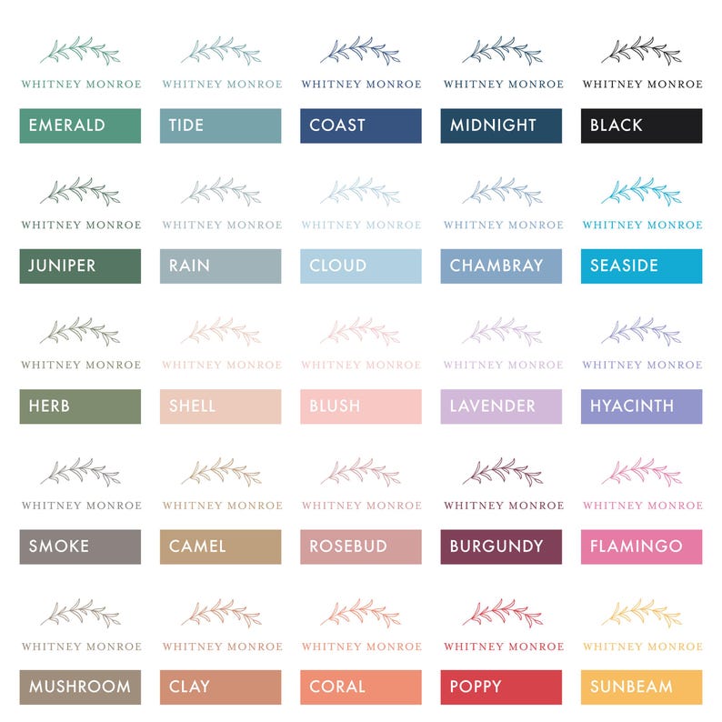 May include: A chart of 25 color swatches with the text "WHITNEY MONROE" above each swatch. The swatches are arranged in five rows of five. The colors are: emerald, tide, coast, midnight, black, juniper, rain, cloud, chambray, seaside, herb, shell, blush, lavender, hyacinth, smoke, camel, rosebud, burgundy, flamingo, mushroom, clay, coral, poppy, and sunbeam.