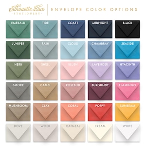 May include: A chart of 25 different envelope colors, each with a name. The colors include emerald, tide, coast, midnight, black, juniper, rain, cloud, chambray, seaside, herb, shell, blush, lavender, hyacinth, smoke, camel, rosebud, burgundy, flamingo, mushroom, clay, coral, poppy, sunbeam, dove, wool, oatmeal, cream, and white.