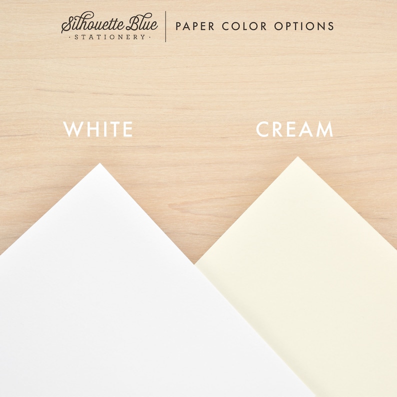 May include: Two paper samples, one white and one cream, are displayed on a woodgrain background. The text "Silhouette Blue - Stationery -" and "PAPER COLOR OPTIONS" are at the top of the image. The words "WHITE" and "CREAM" are written below the paper samples.