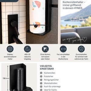 Peut inclure: Un porte-essuie-tout noir mat avec un montant cylindrique vertical et une barre de tension horizontale. Le support mesure 100 mm sur 110 mm sur 198 mm. Il présente une conception en forme de L destinée à être fixée sur un rail multifonction.