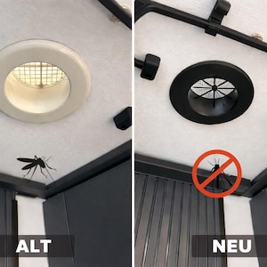 Può includere: Immagine di confronto di due modelli di ventilazione a soffitto. Il lato sinistro mostra una bocchetta bianca con una grafica di zanzara e la parola "ALT". Il lato destro mostra una bocchetta nera con una zanzara con un segnale di divieto rosso e la parola "NEU".