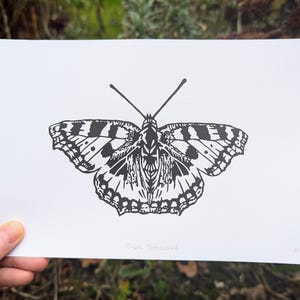 Small Tortoiseshell Butterfly Lino Print: Original Black Linocut Art (A5)