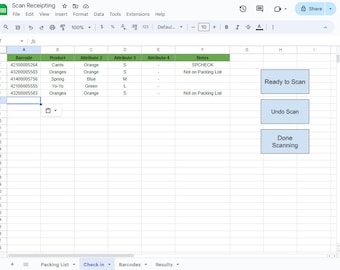 May include: A spreadsheet with a list of barcodes, product names, attributes, and notes. The spreadsheet is used to scan items and track their inventory. The buttons "Ready to Scan", "Undo Scan", and "Done Scanning" are visible.